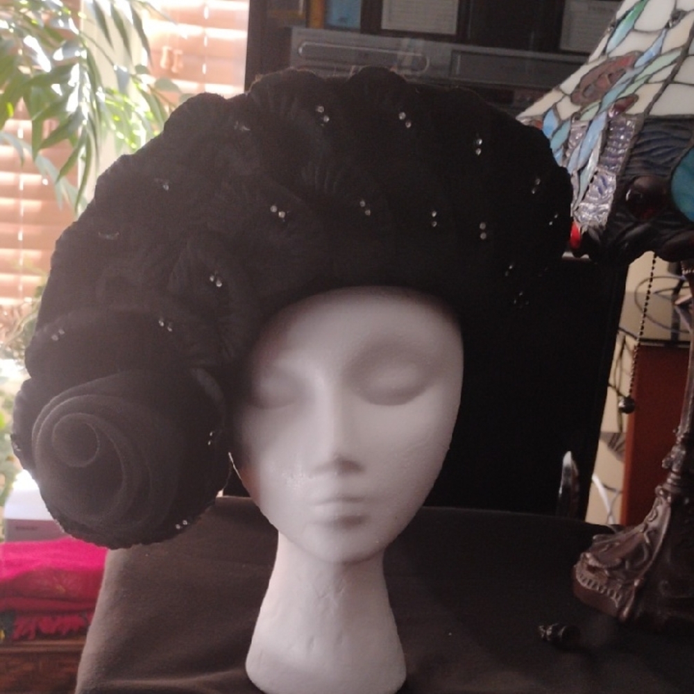 Elegant Black Floral Hat with Beaded Accents
